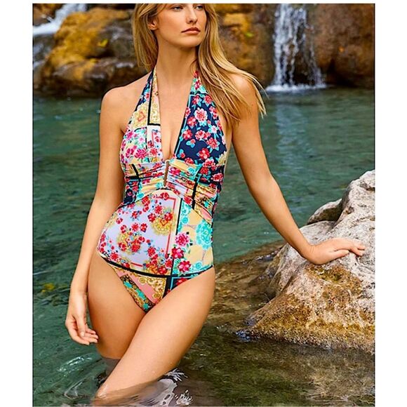NWT- JOHNNY WAS JAPER PLUNGE ONE PIECE SWIMSUIT-SIZE SMALL- COLORFUL PATCHWORK P - Picture 8 of 16